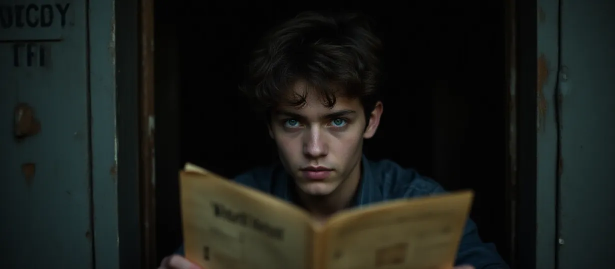 Image The captivating realistic cover of "Werewolf Mafia" features a close-up of a young man with messy dark brown hair and inquisitive blue eyes, positioned at the entrance of a dimly lit doorway. He clutches a worn map, his expression a mix of trepidation and excitement. The background hints at a hidden, mysterious world. The title, "Werewolf Mafia," is emblazoned in bold, stylized letters above him, with a subtle, grunge texture adding an intriguing edge. The lighting casts deep shadows, enhancing the suspenseful atmosphere.
