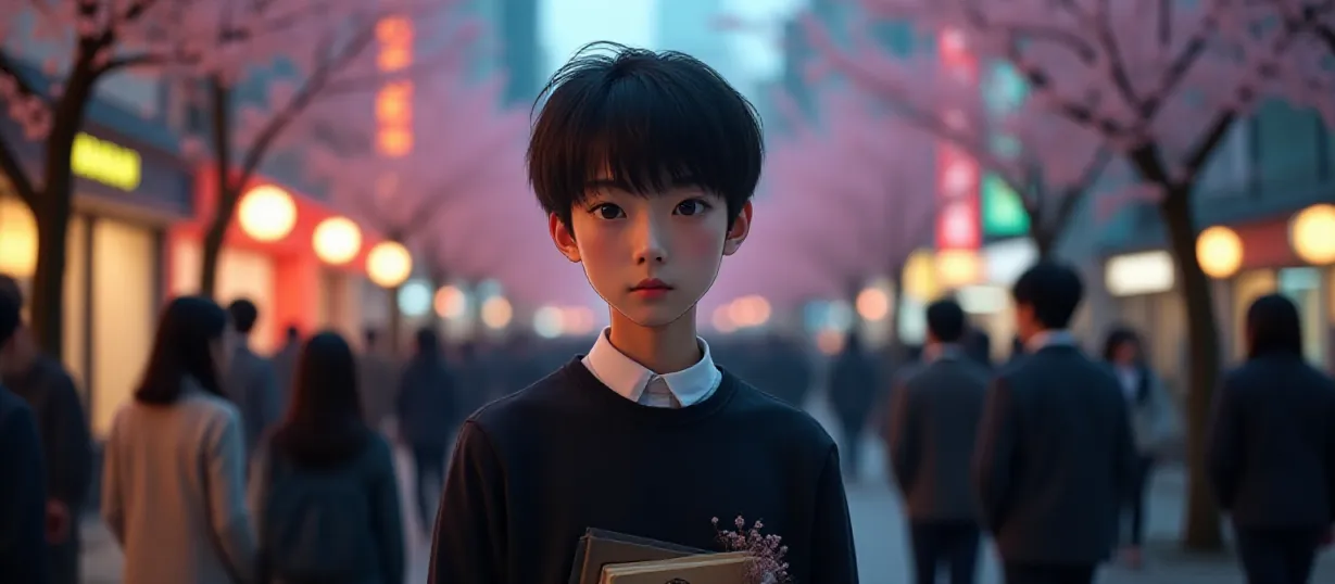Image The captivating realistic cover of "My Unpregnant Boyfriend" features a close-up of a slender, teenage Asian boy in a black school uniform, his face a mixture of defiance and vulnerability. He stands amidst a flurry of delicate cherry blossoms, one hand clutching a textbook. The backdrop is a blurred, vibrant Tokyo street at twilight, with neon lights and bustling crowds creating a sense of urban energy. The title, "My Unpregnant Boyfriend," is emblazoned across the top in a bold, whimsical font, playing with the unexpected premise of the story.
