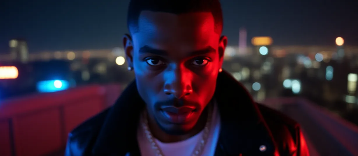 Image The captivating realistic cover of "Bad Boy Alfa" features a close-up of a sexy young adult black man, his confident gaze piercing through the viewer. He sports a trendy haircut and muscular build, adorned with a gleaming gold chain and a black leather jacket over a white t-shirt. A neon-lit New York City rooftop forms the backdrop at night, holding a microphone. The title, "Bad Boy Alfa," is emblazoned across the top in bold, graffiti-style lettering, reflecting the raw energy of the music scene.
