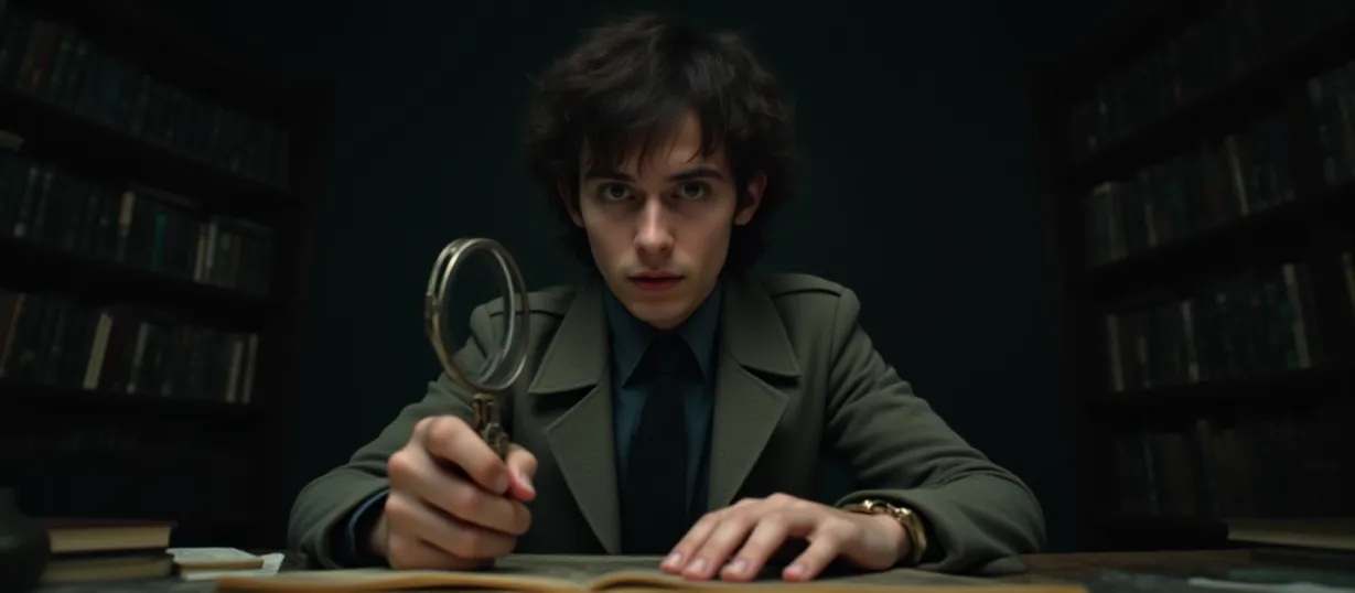 Image The captivating realistic cover of "A Ghostly Murder Mystery" features a close-up of a determined young man with messy dark brown hair, wearing a belted trench coat over a tweed suit. He holds a magnifying glass, examining an antique artifact with focused intensity. The backdrop is a dimly lit study with towering bookshelves and scattered papers, creating an atmosphere of mystery and academia. The title, "A Ghostly Murder Mystery," is prominently displayed in a stylized, eerie font, blending seamlessly with the shadowy ambiance, enticing viewers into the thrilling detective narrative.
