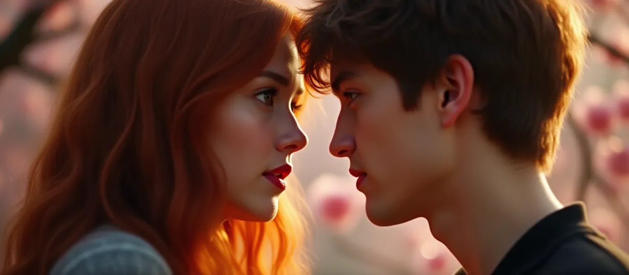 Image The captivating realistic cover of "The Boy I Craved" features a close-up of a young woman with long, wavy auburn hair, her expression a mix of longing and conflict. She's gazing into the eyes of a young man with short brown hair, his face reflecting a heartfelt confession. The soft, diffused lighting of a blooming cherry tree bathes them in a romantic glow. The title, "The Boy I Craved," is displayed in an elegant, cursive font, overlaying the scene with an intimate and emotional touch.
