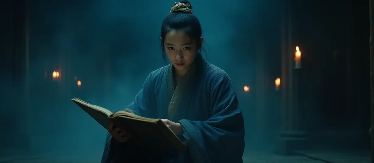 Image The captivating realistic cover of "The Water Spirit of the River Li" features a close-up of a haunted scholar in a desolate temple, clutching a worn book. Flickering candlelight illuminates his thin face, etched with determination. He has black hair tied back with a simple cloth strip and determined eyes. He is wearing a slightly worn, dark blue, traditional Chinese scholar’s robe with wide sleeves and a cloth belt. Behind him, mist swirls ominously. The title, "The Water Spirit of the River Li," is displayed in an elegant, chilling blue font, with water droplets subtly adorning the letters, hinting at the story's supernatural elements.
