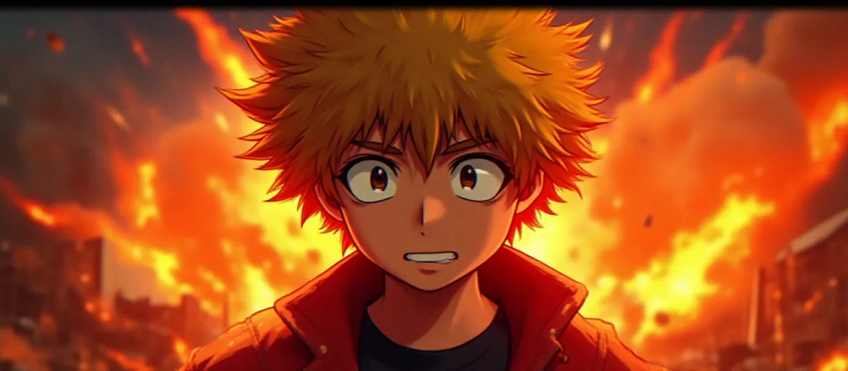 Image The captivating realistic cover of "My Hero Academia" features a close-up of a determined teenager with spiky ash-blond hair, illuminated by the fiery glow of explosions. The background showcases a war-torn city, with remnants of destruction and billowing smoke filling the air. The title, "My Hero Academia," is emblazoned across the top in bold, dynamic lettering that mimics the explosive nature of the protagonist's Quirk, drawing the viewer into a world of heroism and conflict.
