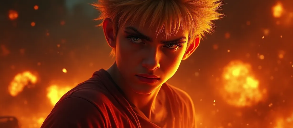 Image The captivating realistic cover of "Dungeon Cell No" features a close-up of a determined young man with spiky ash-blonde hair, his face illuminated by the fiery explosions surrounding him. His fierce gaze is fixed forward, and one hand is clenched into a fist, showcasing his unwavering resolve. The backdrop is a chaotic scene of destruction, filled with swirling flames and debris, hinting at intense battles and challenges. The title, "Dungeon Cell No," is emblazoned in bold, explosive lettering, perfectly capturing the energy and intensity of the character and the story's thrilling premise.
