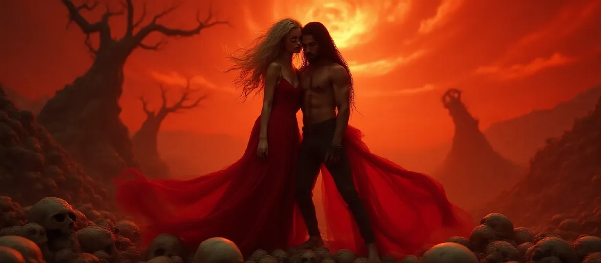 Image The captivating realistic cover of "The Beginning Of The Love Making Of Xres And Kael For The Eternity" features a close-up of a powerful, seductive woman with long blonde hair, her naked form partially draped in flowing red silk. She stands atop a mountain of skulls, her eyes burning with an unholy light. Behind her, a muscular man with long black hair and a small beard embraces her, his expression mirroring her dark passion. The background depicts a chaotic, hellish landscape with swirling crimson skies and twisted, skeletal trees. The title, "The Beginning Of The Love Making Of Xres And Kael For The Eternity," is emblazoned across the top in a fiery, gothic font.
