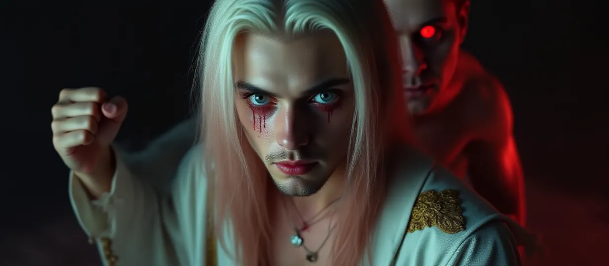 Image The captivating realistic cover of "The Demon King's Sex Slave" features a close-up of a slender man with long, flowing white hair that fades into pink at the ends. His ice-blue eyes are wide with a mix of fear and desperate adoration. He wears a tattered white robe with gold trim and ornate ice-patterned shoulder guards, slightly exposing his chest. A harsh, crimson light casts long shadows across his pale face, highlighting a trickle of blood near his lips. In the background, a looming, muscular man with crimson eyes and demonic tattoos clenches his fist, his face obscured in shadow, suggesting a violent presence. The title, "The Demon King's Sex Slave," is emblazoned in a dark, gothic font, dripping with crimson accents, to emphasize the dark themes within.
