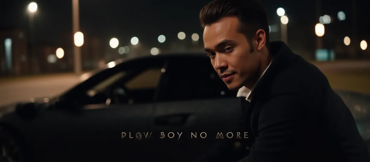 Image The captivating realistic cover of "Play Boy No More" features a close-up of a confident man with a confident smirk, wearing a tailored black suit with an open collar, leaning against a luxury sports car. City lights twinkle softly in the background, creating a glamorous atmosphere. The title, "Play Boy No More," is prominently displayed in a sleek, modern font, positioned across the center of the cover, with a subtle gradient effect that makes it stand out. The image conveys a sense of transformation and intrigue, hinting at the protagonist's journey from a playboy lifestyle to something more profound.
