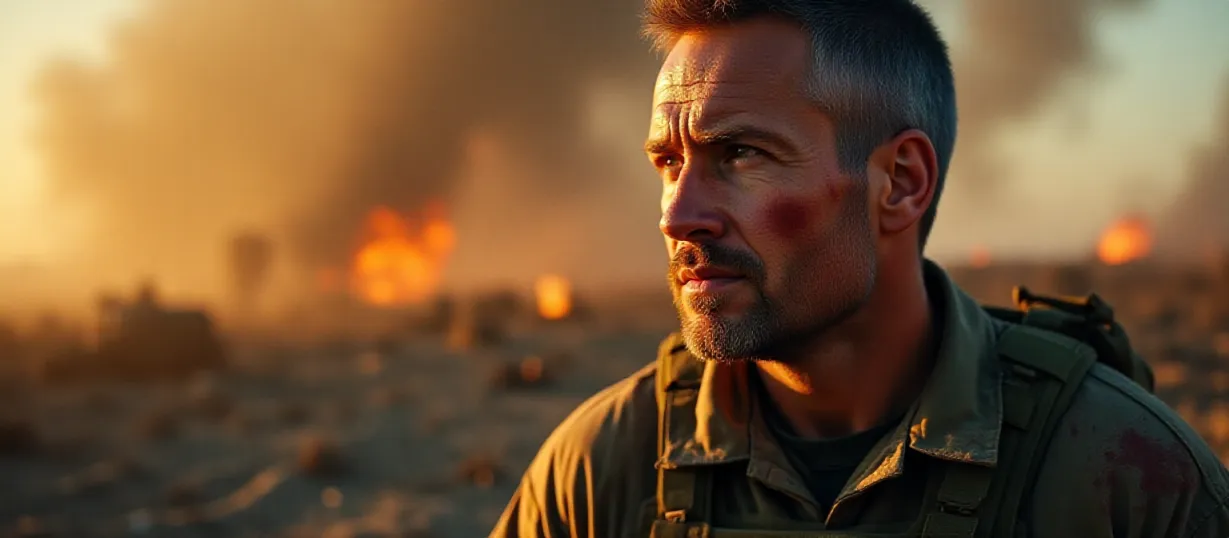 Image The captivating realistic cover of "The Last Marines" features a close-up of a determined man, his face smudged with dirt and sweat, set against a backdrop of a war-torn battlefield. He wears a blood-stained military uniform and tactical vest, his expression resolute as he gazes into the distance. Explosions erupt in the background, casting an orange glow across the scene. The title, "The Last Marines," is emblazoned across the top in bold, metallic lettering, conveying a sense of defiance and last-stand heroism.
