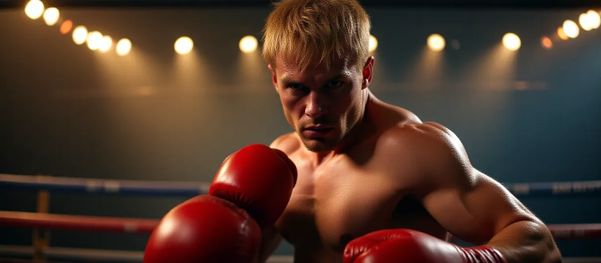 Image The captivating realistic cover of "The Fight of the Century" features a close-up of a muscular man with short blond hair and a determined expression, boxing gloves on his hands. He's caught mid-action, sweat glistening on his face as he's training. The background is a vibrant boxing ring with bright stadium lights and smoky atmosphere, emphasizing the intensity of the scene. The title, "The Fight of the Century," is displayed in bold, dynamic lettering, conveying the high-stakes nature of the narrative.
