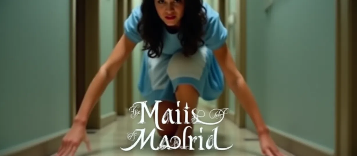 Image The captivating realistic cover of "The Maids of Madrid" features a close-up of a young woman with shoulder-length wavy dark hair and tanned skin, set against the blurred backdrop of a modern Spanish hotel hallway. She is wearing a light blue short-sleeved maid uniform. The focus is on her bare feet, revealing painful blisters. She is scrubbing the floor with a frustrated expression. The title, "The Maids of Madrid," is displayed in elegant, stylized lettering, positioned to draw the eye and emphasize the story's setting and theme.
