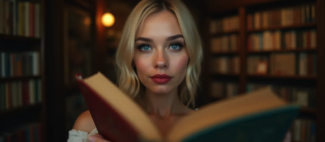 Image The captivating realistic cover of "The Vampire Prince's Obsession" features a close-up of a blonde woman with striking blue eyes, a mysterious smile playing on her lips. She holds a vintage novel, her fingers gently caressing the cover. The backdrop is a warm, inviting bookstore, filled with towering shelves of books and soft, diffused lighting. Her expression hints at a hidden depth, her blue eyes hinting at ancient secrets. "The Vampire Prince's Obsession" is emblazoned across the top in an elegant, gothic-style font, with a subtle, blood-red glow, piquing the viewer's curiosity and hinting at the supernatural romance within.
