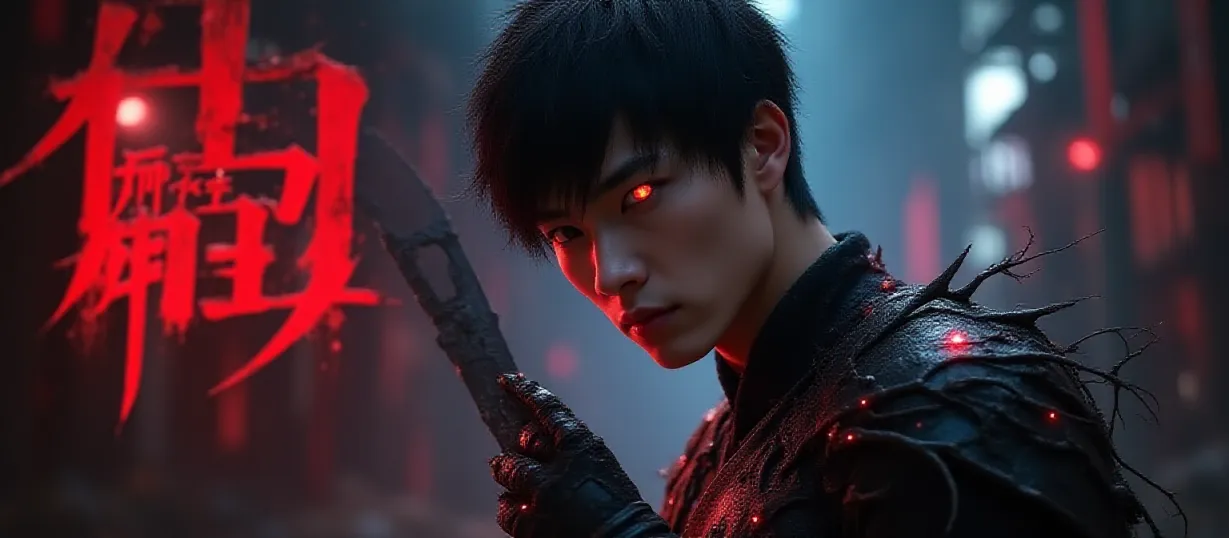 Image The captivating realistic cover of "Reborn as a Vampire King: The Strongest Reincarnated Vampire" features a close-up of a sexy, muscular young Asian man with short black hair and glowing, six-split pupils. Dark shadows intertwine with black thorn-like armor across his right arm. He holds a mystical dagger crackling with dark energy. The background showcases a neon-lit, ruined Taipei street with twisted metal from a destroyed celestial tower. The title is emblazoned in an edgy, gothic font, with dark red neon lighting that enhances the dark fantasy elements of the cover, drawing viewers into a world of vampires and supernatural battles.
