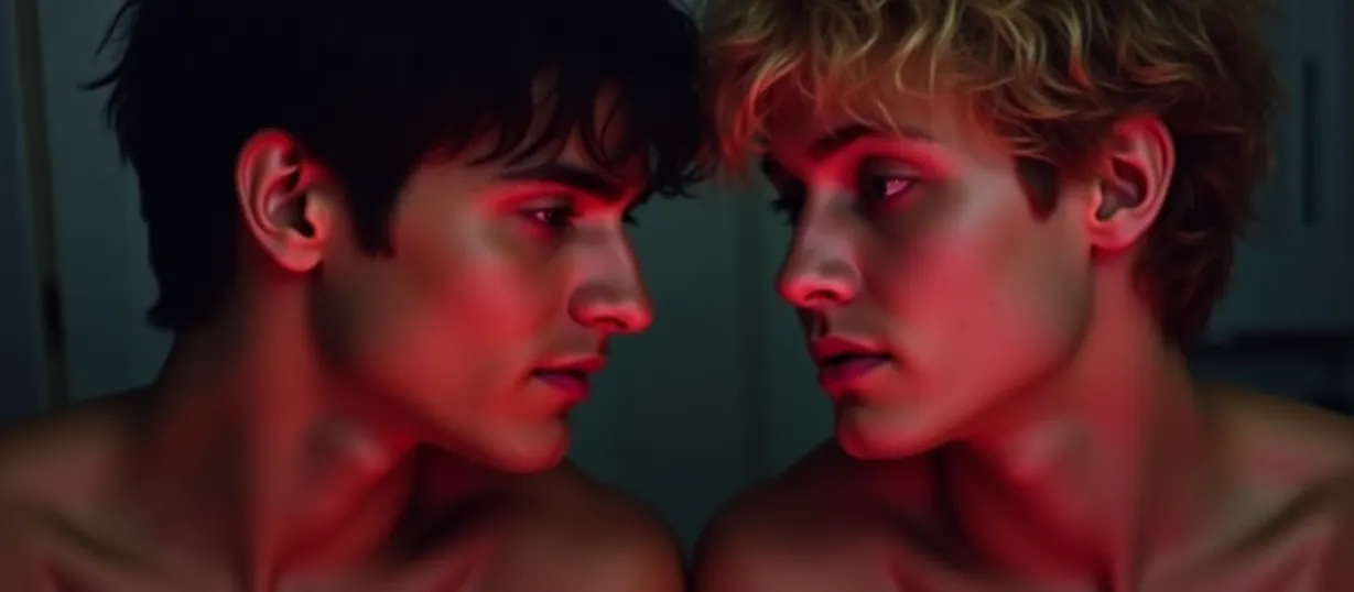 Image The captivating realistic cover of "Straight Boy Gay Boy XXX" features a close-up shot of two young men, one with short dark hair and the other with blonde hair, their faces inches apart. The dark-haired man exudes confidence with a subtle smirk, while the blonde-haired man has a look of playful challenge. Both are muscular and shirtless, their skin glistening with sweat under dramatic rim lighting. The background is a blurred indoor setting, suggesting an intimate and provocative environment. The title, "Straight Boy Gay Boy XXX," is emblazoned across the top in bold, neon pink lettering, making the adult theme immediately apparent.
