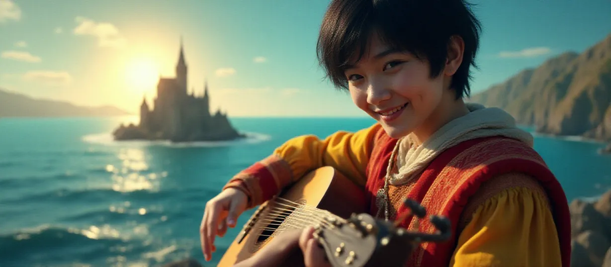 Image The captivating realistic cover of "Drakari And Emily: A Ballad Of A Medieval World" features a close-up of a minstrel with short black hair, wearing colorful medieval clothing, playing a lute with a joyful expression. The background is a serene ocean under a bright sun, with a distant view of a grand medieval castle. The title, "Drakari And Emily: A Ballad Of A Medieval World," is displayed in an elegant, old-style font, blending seamlessly with the medieval setting, inviting the viewer to explore a musical journey through a fantastical kingdom.
