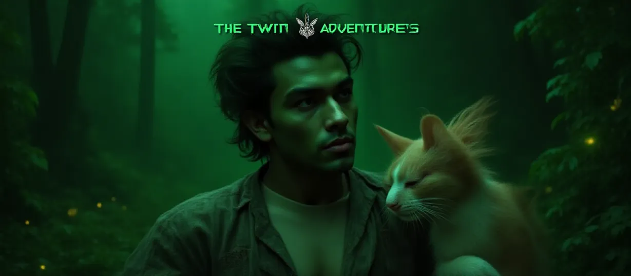 Image The captivating realistic cover of "The Twin Adventures" features a close-up of a green-skinned man, his green hair stylishly tousled, hand resting confidently on his hip. His alluring gaze drifts off to the side, hinting at hidden depths and a seductive nature. The beige cat is looking away from the man, sitting next to him. The background is a lush, mysterious forest with glowing flora, suggesting an exotic and dangerous world. The title, "The Twin Adventures," is emblazoned in bold, stylized green letters across the top, with subtle twin imagery to emphasize the theme.
