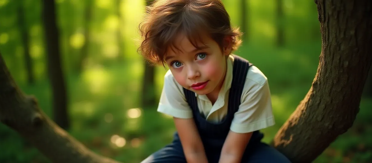 Image The captivating realistic cover of "The Legend of The Phoenix" features a close-up of a mischievous young boy with messy brown hair and piercing blue eyes. He sits playfully on a thick tree branch, sunlight dappling his unbuttoned school uniform and suspenders. He's looking away with seductive lips and a teasing smile, creating an air of playful mystery. The lush green forest provides a vibrant backdrop, hinting at hidden adventures. The title, "The Legend of The Phoenix," is emblazoned across the top in a bold, fiery font, promising an enchanting tale of friendship and mythical encounters.
