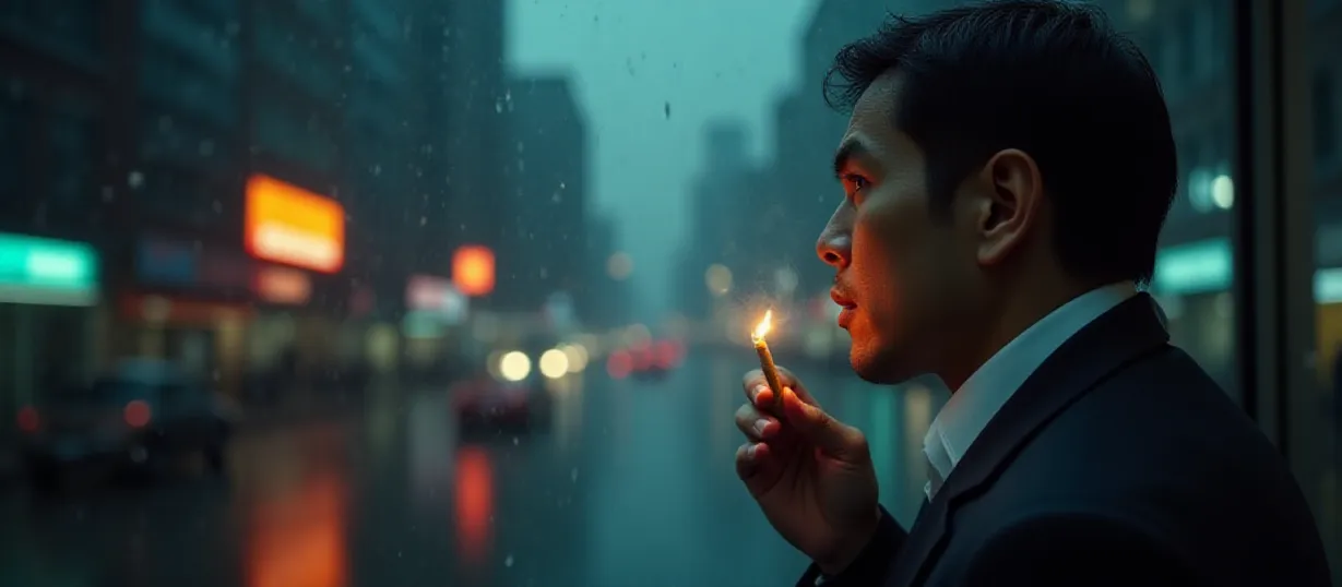 Image The captivating realistic cover of "The Last Cigarette" features a close-up of a man in a business suit, his face etched with weariness and contemplation. He holds a lit cigarette, the smoke curling upwards against the backdrop of a rain-streaked window overlooking a blurred Shanghai cityscape at night. The neon lights reflect in the wet streets, adding a sense of isolation and melancholy. The title, "The Last Cigarette," is prominently displayed in a stylized, smoky font that suggests both fragility and finality, capturing the essence of a fading era and personal reflection.
