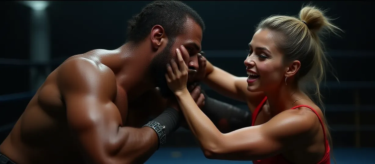 Image The captivating realistic cover of "Mixed Wrestling with Dominique" features a dynamic clash between a muscular man and a confident woman in a wrestling ring. The man, with sweat glistening on his face and determination in his eyes, is locked in a grapple with the woman. She exudes dominance with a teasing smile, her athletic build and confident stance suggesting her superior skill. Dramatic lighting highlights their toned physiques and the intensity of the match. The title, "Mixed Wrestling with Dominique," is emblazoned across the top in bold, electrifying letters, capturing the raw energy and competitive spirit of the mixed wrestling bout.
