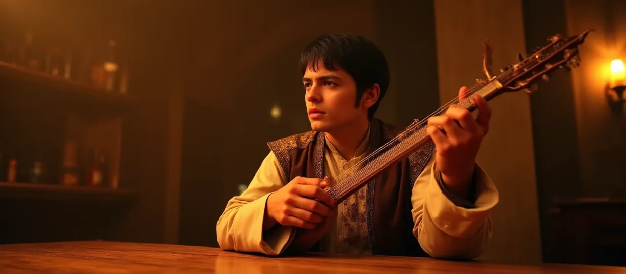 Image The captivating realistic cover of "Drakari And Emily : A Ballad Of A Medieval World" features a close-up of a minstrel in extravagant medieval clothing. He's captured in a tavern setting, wooden table in front, lute in hand, his expression energetic and eccentric. Golden light bathes him, emphasizing his short black hair and fair skin. He's in a seductive pose, looking away, lost in song. The title, "Drakari And Emily: A Ballad Of A Medieval World," arches above him in ornate lettering, evoking a sense of medieval fantasy and adventure. Warm colors dominate, drawing the viewer into a world of music and mystery.
