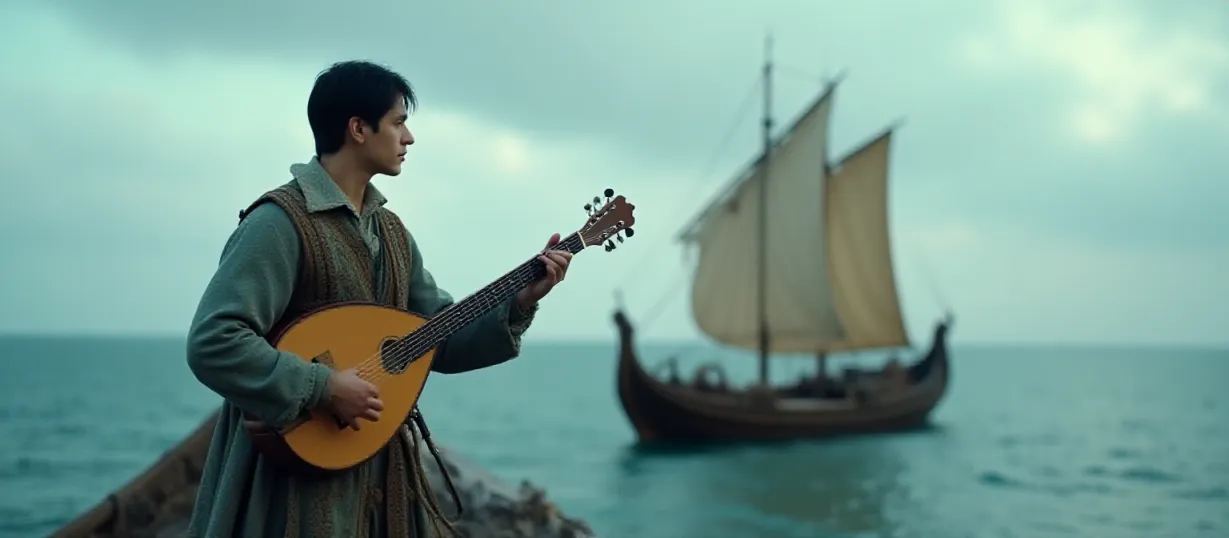 Image The captivating realistic cover of "Drakari And Emily : A Ballad Of A Medieval World" features a close-up of a minstrel with short black hair, ornate medieval clothing, and a lute. He stands on a small boat with a serene yet focused expression. The background shows a vast, endless ocean under a clouded sky, conveying a sense of both adventure and solitude. The title, "Drakari And Emily : A Ballad Of A Medieval World," is displayed in elegant, medieval-style lettering that curves slightly, giving a sense of classical fantasy and setting the tone for an epic medieval tale.

