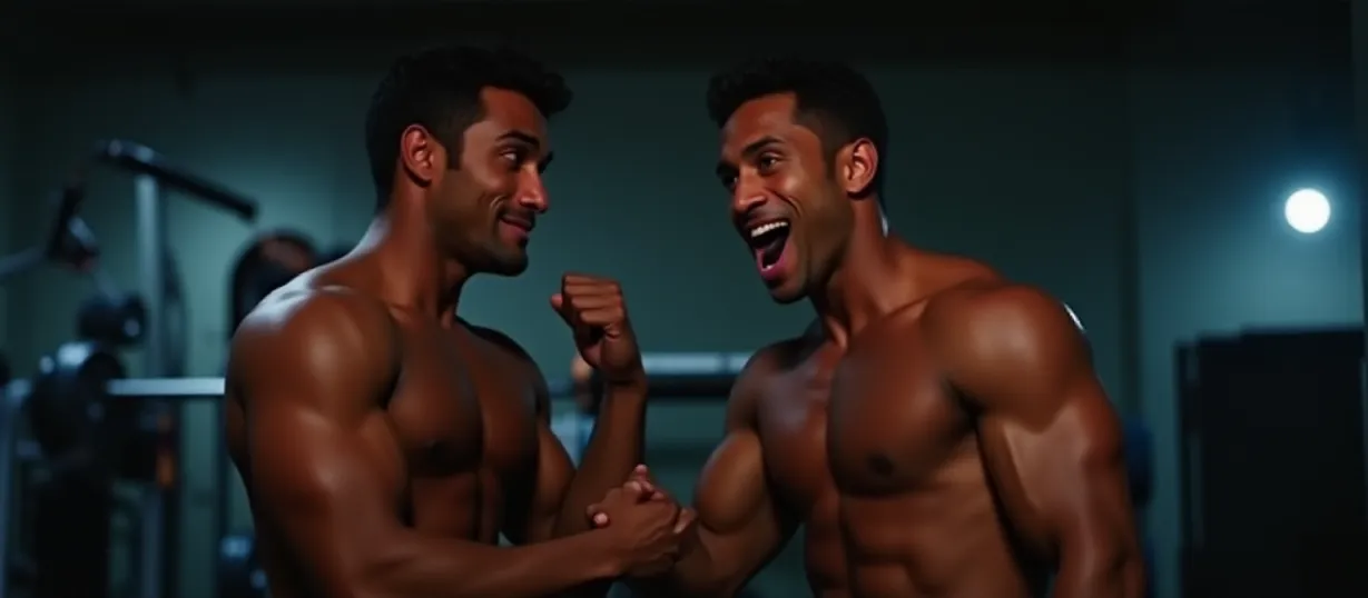Image The captivating realistic cover of "Cousin Lovers Workout BFFs" features a close-up of two muscular young men in a modern gym setting. One man, shirtless and glistening with sweat, confidently flexes his bicep, a smirk playing on his lips as he glances to the side. Next to him, his cousin, wearing gym clothes, mirrors the pose with a determined look. Weightlifting equipment is blurred in the background, adding depth to the scene. Intense rim lighting accentuates their physiques. The title, "Cousin Lovers Workout BFFs," is emblazoned across the top in bold, stylized font, blending fitness typography with a hint of playful, neon colors that highlights the dynamic and intimate bond between the cousins.
