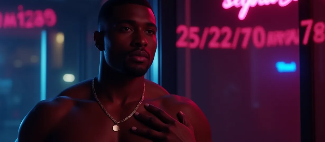 Image The captivating realistic cover of "My Milf Stepmom And My Hottest Female Friend Are Both Interested In Me" features a close-up of a muscular, dark-skinned young man with a gold chain, his hand resting on his chest, gazing sensually away from the viewer. Reflected in the glassy surfaces behind him are bright neon lights, indicative of a vibrant Miami night. The title, "My Milf Stepmom And My Hottest Female Friend Are Both Interested In Me," is emblazoned across the top in bold, electric pink letters, set against the dark, atmospheric urban background to immediately grab attention.
