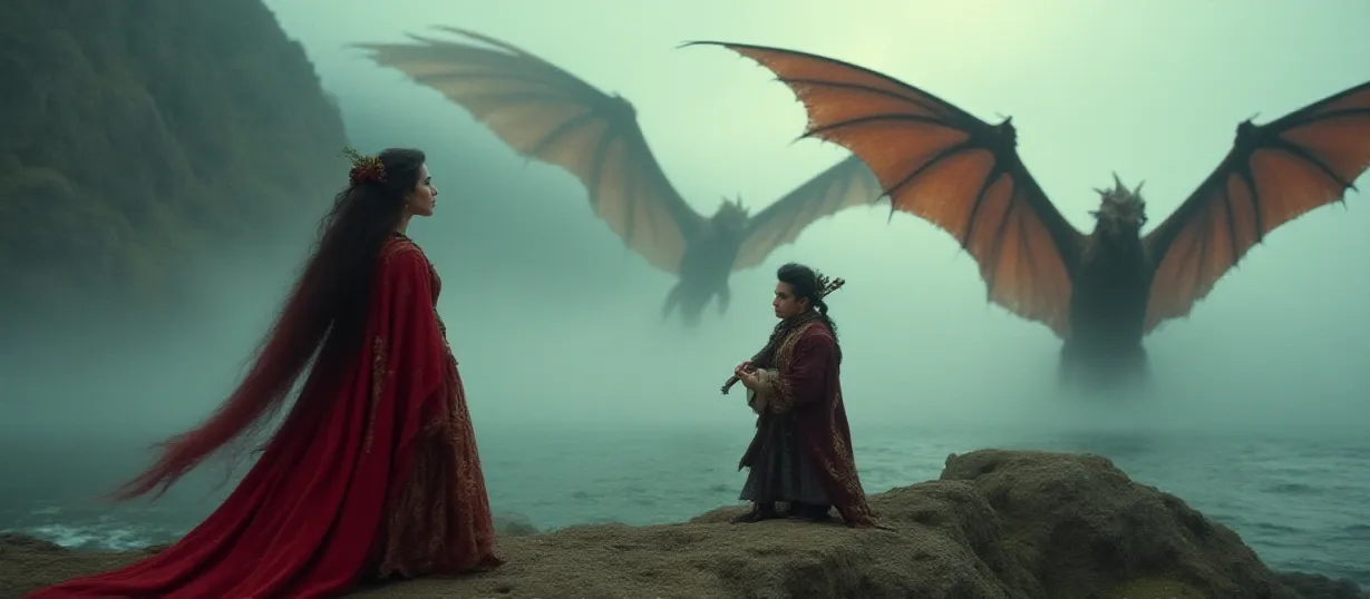 Image The captivating realistic cover of "DraKari And Emily： A Ballad Of A Medieval World" features a close-up of a minstrel in extravagant medieval attire, lute in hand, gazing pensively at a woman in a red cotehardie. The background is a misty ocean meeting the shore of Ahklan, with colossal dragons soaring overhead. The title, "DraKari And Emily: A Ballad Of A Medieval World," is emblazoned in elegant, medieval-style lettering across the top, invoking a sense of fantasy and adventure.
