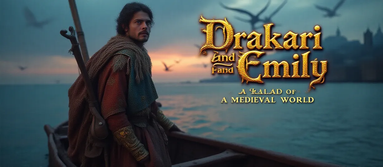 Image The captivating realistic cover of "Drakari And Emily: A Ballad Of A Medieval World" features a close-up of a minstrel in intricate, colorful medieval clothing, lute slung across his back, standing on a small row boat with a determined expression. The background is a vast, open ocean under a twilight sky, with the distant silhouette of giant dragons flying towards a medieval city on the horizon. The title, "Drakari And Emily: A Ballad Of A Medieval World," is emblazoned across the top in an elegant, medieval-style font with gold accents, enhancing the fantasy element.
