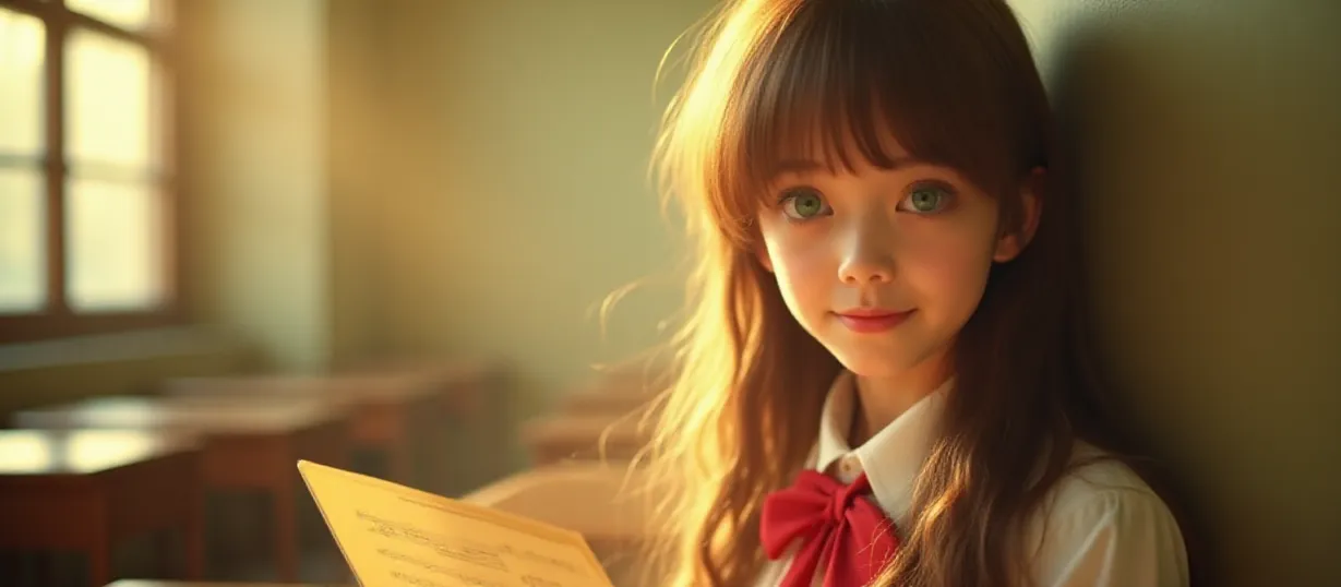 Image The captivating realistic cover of "The Professor's Secret" features a close-up of a young woman with flowing brown hair and green eyes, leaning against a sunlit classroom wall. She wears a music academy uniform with a red bow tie, holding a music sheet with a shy smile. The background is a blurred classroom with warm afternoon light streaming through the windows, creating a hopeful atmosphere. The title, "The Professor's Secret," is elegantly displayed in a stylized, cursive font, hinting at the romantic mystery within the story.
