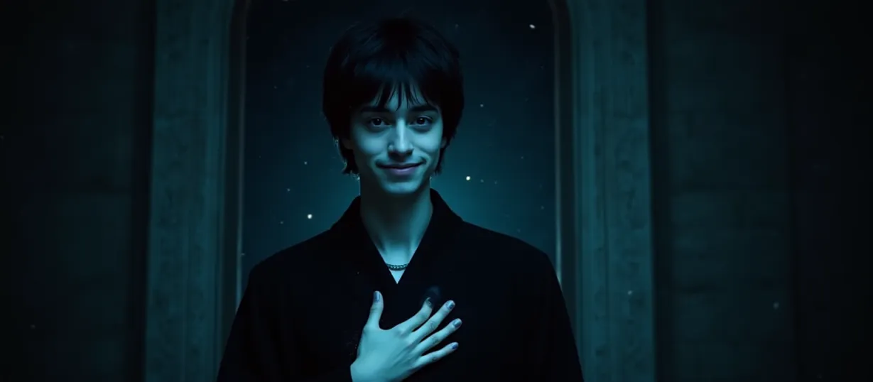 Image The captivating realistic cover of "Harry Potter And The Glitching Ghost" features a close-up of a slender, pale young man with black hair and eyes, a mysterious smirk playing on his lips. Dressed in dark, elegant robes, his hand rests on his chest as starlight swirls around him. The background is the dimly lit interior of Hogwarts castle at twilight, with arcane symbols subtly woven into the stonework. The title, "Harry Potter And The Glitching Ghost," is prominently displayed in a glitching, ethereal font, blending seamlessly with the magical atmosphere of the image.
