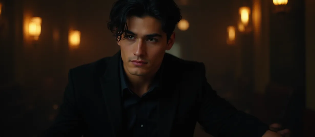 Image The captivating realistic cover of "The Devil's Proposal" features a close-up of a young, muscular man with black hair, styled in the 1920s fashion. He dons a meticulously tailored black suit, complemented by a gold watch that hints at his wealth and power. A subtle smirk plays on his lips as he glances away, exuding confidence and ambition. The backdrop is a dimly lit, smoky gambling room reminiscent of a 1920s speakeasy. Soft neon lights cast an alluring glow on the scene. The title, "The Devil's Proposal," is emblazoned in bold, gold lettering across the top, invoking a sense of classic elegance and impending conflict.

