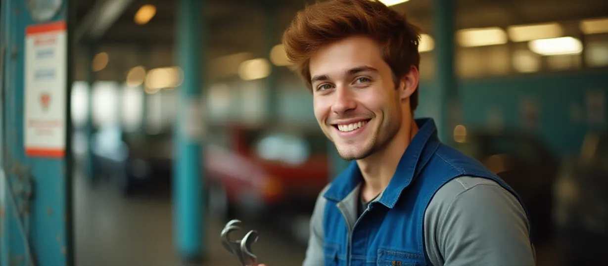 Image The captivating realistic cover of "The Boyfriend Effect" features a close-up of a young man with auburn hair and a playful smirk, holding a wrench. He is dressed in a blue and gray mechanic outfit, set against the bustling backdrop of a car wash. The lighting is warm, highlighting his fair skin and athletic build, creating an inviting and flirty atmosphere. The title, "The Boyfriend Effect," is prominently displayed in a whimsical, handwritten-style font, adding a touch of lightheartedness to the scene, perfectly capturing the essence of the story's romantic and comedic elements.
