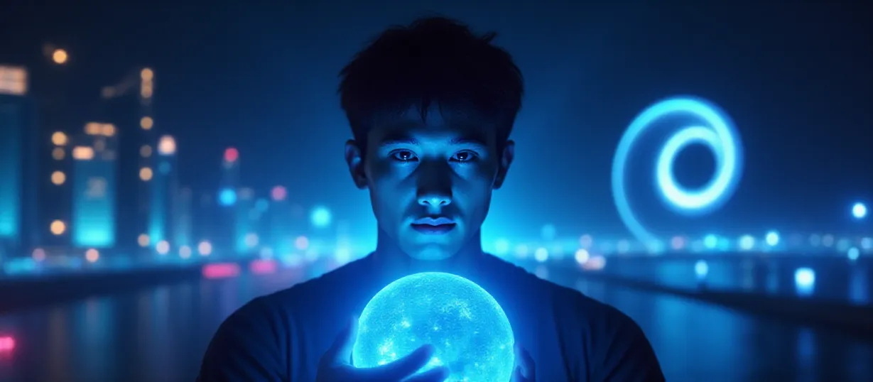 Image The captivating realistic cover of "Another World" features a close-up of a young man with short, black hair and a thoughtful expression, holding a glowing blue orb. The background transitions from a vibrant, futuristic cityscape with neon lights to a dark, starry expanse with a swirling portal, symbolizing the intersection of two worlds. The title, "Another World," is prominently displayed in a sleek, modern font that seems to emit a soft, ethereal glow.
