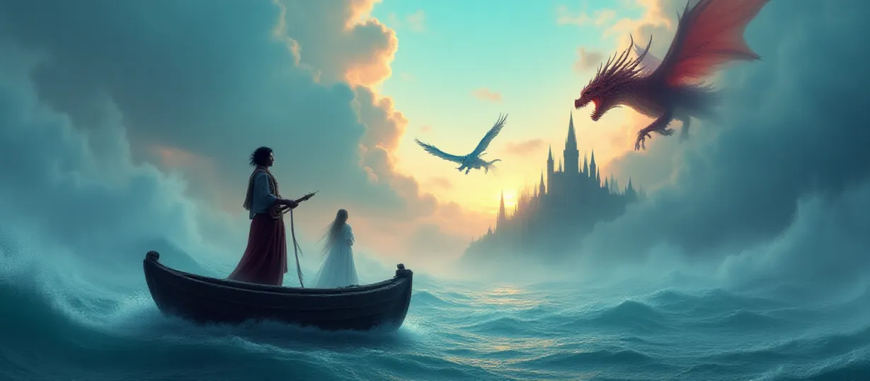 Image Create a dynamic cover image for the fantasy novel, "Drakari and Emily: A Ballad of Ahklan." The image should capture a dramatic scene, focusing on mood and atmosphere. The shot should be a wide angle. Drakari Pykiros, a minstrel with black hair and wearing vibrant, medieval clothing, stands in a small, weathered rowboat on a vast, stormy ocean. He's facing the viewer, holding a lute, his expression a mix of determination and melancholy, as if singing a ballad to the crashing waves. In the sky above, two colossal, giant dragons, a vibrant blue (Zarixos) and a fiery red (Sryxdal), soar majestically, their forms partially obscured by swirling storm clouds. The background features a medieval kingdom, the silhouette of the King Saza landing, with spires and towers silhouetted against a brooding, twilight sky. In the foreground, partially submerged in the water, is a small, lost, broken, sad looking Emily Carter, with long blonde hair, is visible in a medieval clothe . Light from the setting sun filters through the storm clouds, casting an ethereal glow on the scene and highlighting Drakari and Emily, creating a visual contrast between the energy of Drakari and the sadness of Emily. The overall atmosphere is one of mystery, adventure, and the blending of two distinct worlds: the vibrant world of Drakari, and the broken world of Emily. The visual style should lean towards a realistic, yet stylized fantasy art, with a focus on dramatic lighting, intense colors, and detailed textures (clothes, skin, scales, water, clouds).