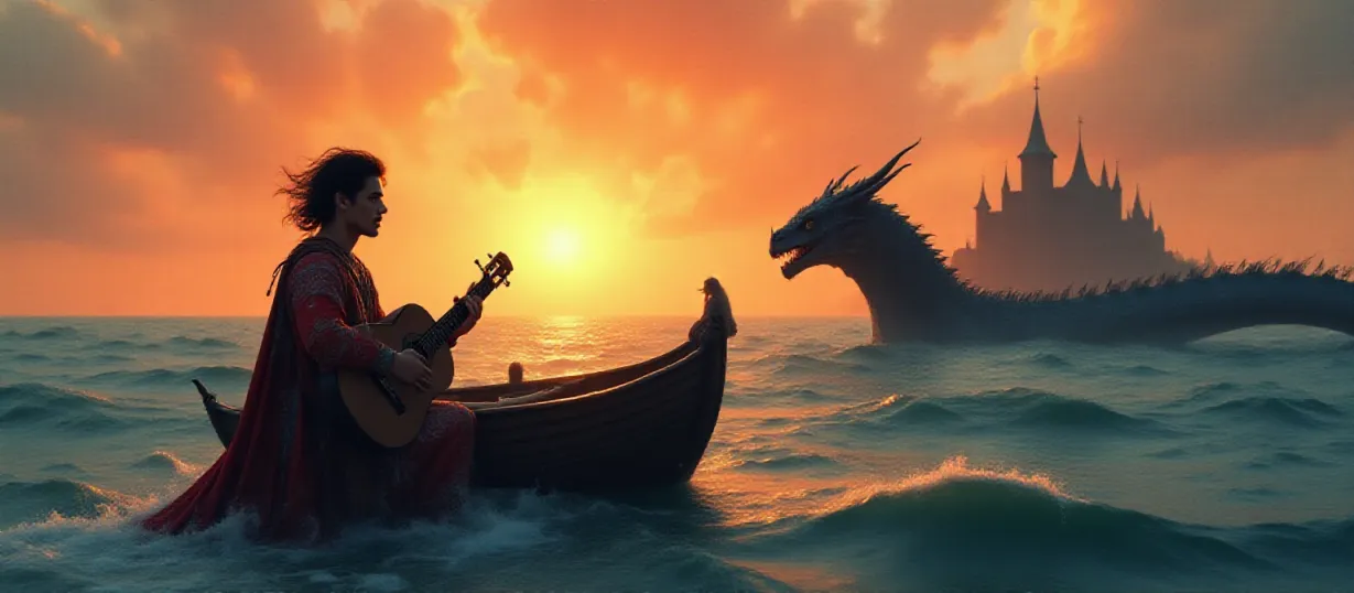 Image A dramatic, wide-angle cover image. In the foreground, the minstrel Drakari, clad in vibrant, ornate medieval attire, kneels beside a small, distressed rowboat in a vast, turbulent ocean. He clutches his lute, his expression a mix of determination and melancholy, singing a ballad as his dark hair is blowing in the wind. The sky is a fiery tapestry of oranges, reds, and purples, hinting at the approaching dusk, and casting long shadows. In the mid-ground, a colossal, azure-scaled dragon, Zarixos, emerges partially from the ocean, his form powerful and supportive, his eyes mirroring Drakari's expression. In the background, the silhouette of a majestic red dragon, Sryxdal, and the shadowy forms of a castle, King Saza's landing. A beautiful woman, Emily Carter, long blonde hair, and medieval clothe appears on the foreground, her eyes full of sadness, despair and hopeless, she is captured by the soldiers of King Saza, she looks to Drakari and Zarixos from her position. The art style should be lh_new_flux_realistic, blending photorealism with fantasy elements to create a sense of epic scale and emotional depth. The overall mood is one of adventure, loss, and the promise of rediscovery.