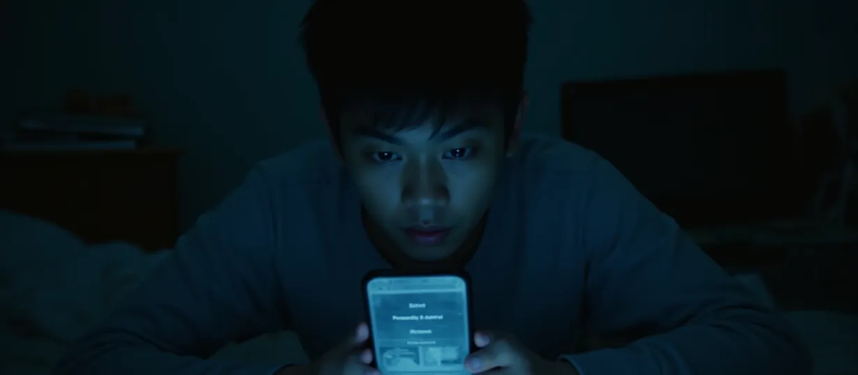 Image A book cover image for 'Mind Control App'. A dimly lit dormitory room at night. A young, Asian male student, Xiao Lin, is hunched over his smartphone, the screen emitting a cold, eerie glow. He's staring intently at the phone, a mixture of fascination and apprehension on his face. The phone's screen prominently displays a crude interface, with the words 'Bitch Control App' visible in a slightly distorted, unsettling font. Below it, a graphic suggests various control modes: 'Sensory Control', 'Personality Control', 'Mental Control', 'Body Control', and 'Body Modification'. The room is cluttered with typical student belongings – books, a half-eaten snack, and a laptop. The composition uses a low-angle shot to emphasize Xiao Lin's focus and the power he potentially wields. A soft, unnatural light source from the phone illuminates his face, casting deep shadows and highlighting the tension in the room. The overall atmosphere is one of intrigue, mystery, and a hint of forbidden knowledge. The background is deliberately blurred, suggesting the app's focus is paramount. The style is lh_new_flux_realistic.