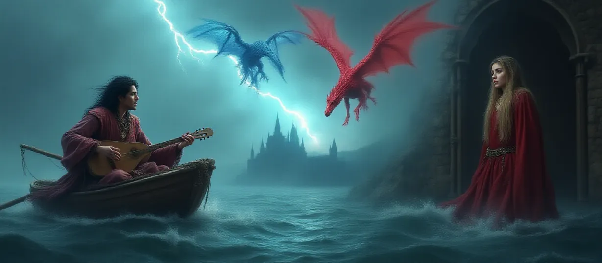 Image Epic cover art featuring a split composition: On the left, a close-up of Drakari, a flamboyant minstrel with black hair and vibrant, medieval clothing, playing a lute on a small rowboat in a vast, stormy ocean under a grey sky. The boat is weathered, showing his long journey. He sings, with a slightly melancholic expression. On the right side, a looming image of Emily, a woman with long blonde hair and a medieval red cotehardie, standing in a dimly lit dungeon, her expression a mix of fear and bewilderment, with a chain around her neck. In the sky above, in the middle of the picture, two colossal dragons, one blue and one red, are locked in aerial combat, with lightning crackling around them. In the distant background, the silhouette of a castle can be seen under the stormy sky, suggesting the kingdom of Ahklan. The overall tone is dramatic and atmospheric, conveying a sense of adventure, mystery, and the clash of different worlds. The style is realistic and painterly, with strong lighting and shadows to enhance the mood. Style: lh_new_flux_realistic