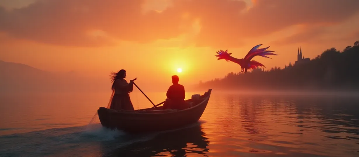 Image Epic wide shot of a medieval landscape at dawn, bathed in the soft, warm light of a rising sun, with a dramatic sky filled with streaks of orange and purple. In the foreground, Drakari, a young man with black, flowing hair and clad in vibrant, eccentric medieval attire, is rowing a small, weathered medieval boat across a vast, tranquil ocean. He's mid-song, his expression a mix of nostalgia and anticipation. Behind him, in the distant sky, two colossal, giant titan dragons are silhouetted against the sun – one a vibrant blue and the other a fiery red, hinting at the fantastical elements of the story. In the midground, the imposing silhouette of King’s Landing, the capital city of Ahklan, with its medieval castles and high, fortified walls, is visible on a distant mountain peak, giving a sense of scale and grandeur. A hint of a mysterious woman in a medieval red cotehardie, Emily Carter, can be seen in the shadows of the dungeons of the capital, adding intrigue. The image conveys a sense of adventure, mystery, and the vastness of the world. The overall atmosphere should evoke a feeling of hope, mixed with underlying danger.