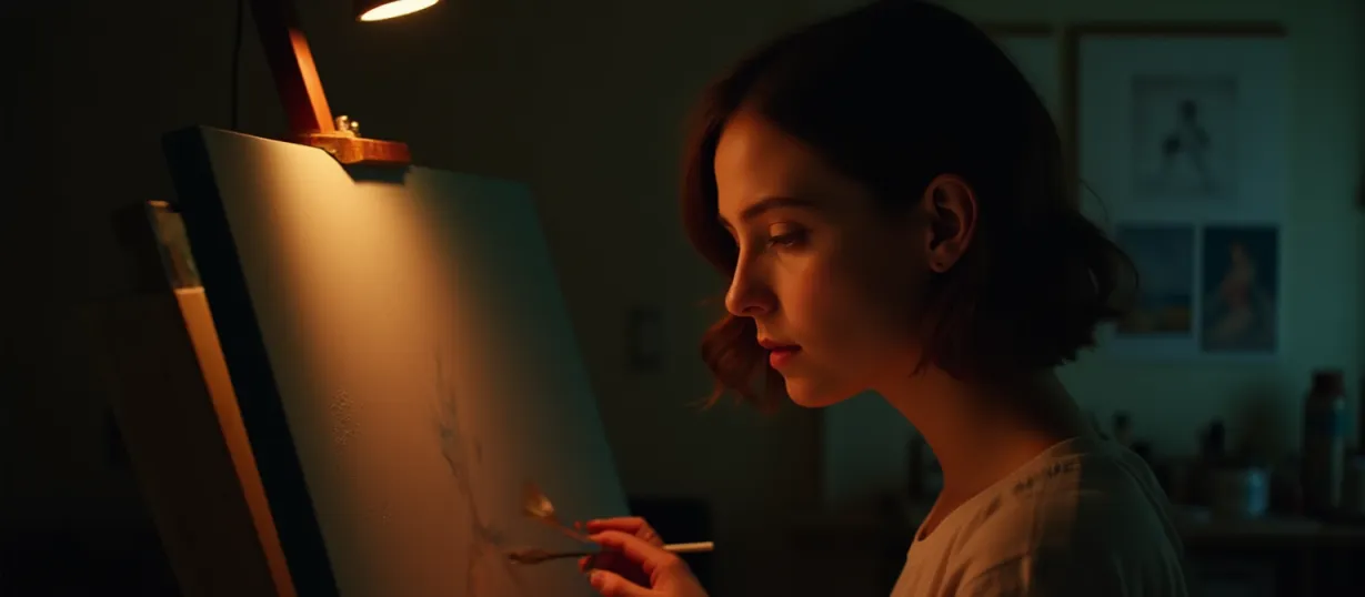 Image A cover image for 'The Painter's Secret'. Close-up shot of a young woman, Ella (25), her face partially illuminated by the warm glow of a hidden easel lamp in a dimly lit, cluttered studio. The studio is a mix of organized and chaotic, hinting at both precision and passion. She has paint-stained hands and a focused expression as she contemplates a canvas, her face a study in concentration and self-discovery. A single, unfinished painting on the easel captures the eye - a vibrant burst of color and emotion amidst the muted tones of the room, representing her burgeoning artistic talent.  In the background, partially obscured, are sketches and art supplies. The lighting emphasizes a contrast between shadow and light, symbolizing her internal conflict and the emergence of her new identity. The overall mood is intimate, hopeful, and filled with the promise of artistic discovery, with an air of mystery. The lighting should emphasize warm hues with cool shadows. The image style should be lh_new_flux_realistic.