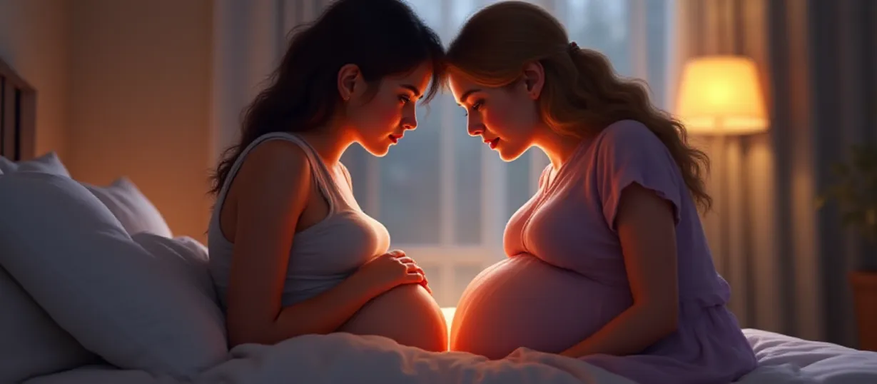 Image A breathtaking book cover illustration depicting the intimate moment between Azzi Fudd and Paige Bueckers. The scene is set in a soft, warm-lit, high-ceilinged bedroom. Paige, visibly pregnant with a gentle glow, sits on a plush, cream-colored bed, her hands protectively cradling her belly. Azzi, a mixed-race Alpha, kneels beside her, her expression a blend of adoration, tenderness, and anticipation. Her hand rests gently on Paige's belly, her eyes locked with Paige's as if they're sharing a silent conversation. The lighting is dramatic, with a single lamp casting a warm glow that emphasizes the intimacy of the moment. The background is blurred, suggesting a cozy, lived-in space with soft textures and muted colors. The overall mood is one of profound love, vulnerability, and the blossoming of a new family. The color palette should be predominantly warm hues, with hints of lavender and blue to evoke a sense of calmness and serenity. The style should be realistic, with meticulous attention to detail in the characters' expressions, the textures of their clothing, and the atmosphere of the room. Focus on the emotional connection between the two women. There is a subtle indication of the Alpha/Omega dynamics, perhaps through the way they are positioned or the way they are looking at each other, conveying the depth of their bond. The image should be composed to draw the viewer in, emphasizing the central figures and highlighting the story's themes of love, pregnancy, and family. The lh_new_flux_realistic style.