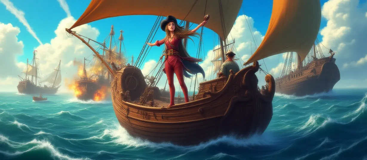 Image A dynamic, action-packed cover image for 'Pirate Queen', set in the vibrant world of One Piece. The focal point is Lipy, a 16-year-old aspiring pirate, standing proudly at the helm of her ship, 'Landy,' a sleek, custom-designed vessel sailing through a turbulent sea. She has long, flowing hair, and is wearing a customized pirate outfit. The backdrop is a fierce sea battle with another pirate ship. Her expression is determined, her eyes gleaming with the thrill of adventure. Beside her is the Helmsman, a seasoned seafarer, his face etched with caution, keeping a watchful eye on the approaching enemy. Grog, is at the side of the ship enjoying food and drinks. Rororo, is also on the ship, appearing cool and composed, holding her sword, ready for action. In the background, menacing Kaidu Pirates are seen aboard their ship, a formidable galleon. Explosions, cannon fire, and swirling waves fill the scene, showcasing the chaos of the sea battle. The sky is a dramatic blend of stormy clouds and glimpses of sunlight, casting an atmospheric glow on the scene. The overall mood is adventurous, showcasing a blend of determination, excitement, and danger. The style is lh_new_flux_realistic, vibrant colors, and detailed rendering. Capture the energetic essence of the story, emphasizing Lipy's quest to become Pirate Queen.