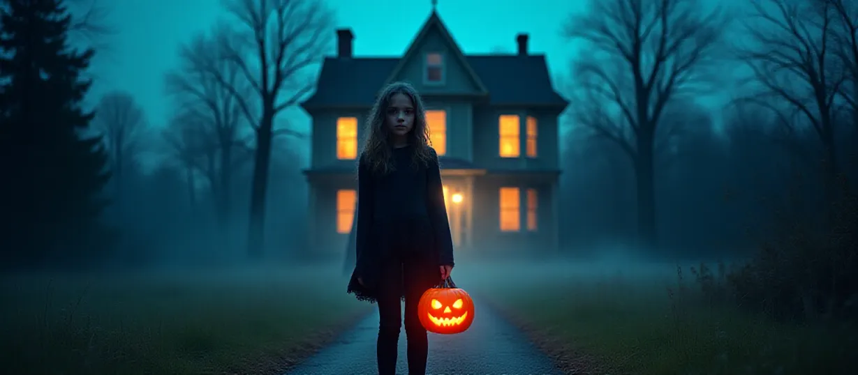 Image A dramatic cover image for a young adult mystery novel. The scene takes place in the forbidden town of Ashwood on a twilight Halloween night. Focus is on Lana Harter, a rebellious teen girl, standing slightly off-center, illuminated by the eerie glow of a hidden jack-o'-lantern she's holding. She wears a subtly defiant costume, possibly a witch's hat or a cloak, and a determined look on her face. Behind her, in the background, the dilapidated facade of an abandoned, Victorian-era house casts long, ominous shadows across the street. Wisps of fog curl around the overgrown, untended yard, hinting at secrets within. In the distance, a stern figure resembling Town Marshal Jones is visible, partially obscured, but with enough detail to convey his authoritative presence and menacing gaze. The color palette should be dominated by deep blues, purples, and oranges, with touches of vibrant green from the jack-o'-lantern and subtle hints of other Halloween decorations scattered in the scene. The overall tone is mysterious, suspenseful, and rebellious, creating a strong visual hook that suggests danger and intrigue. The style should lean toward a realistic and cinematic aesthetic, as if captured in a movie still. High-quality details, textures, and lighting are essential to create an immersive atmosphere.