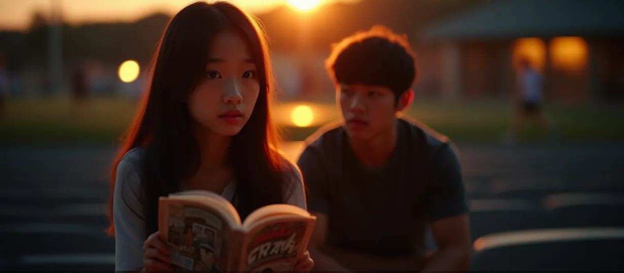 Image A soft, intimate cover image capturing the bittersweet essence of unspoken feelings. Two high school freshmen, Xio (Asian female, shy, holding a comic book in her hands) and Zeph (Asian male, athletic, slightly out of focus), are seated close together on the bleachers of a high school gymnasium at dusk. The setting sun casts a warm, golden glow across their faces, creating long shadows and a sense of longing. Xio's gaze is subtly directed towards Zeph, her expression a mixture of fondness and apprehension, while Zeph looks out at a soccer game, appearing oblivious to her feelings. In the foreground, a half-drawn panel of a comic book is visible, showcasing a stylized, heroic version of Zeph, subtly hinting at Xio's secret love. Soft focus, bokeh effect of the sunset and the gymnasium lights creating a dreamy atmosphere. The overall tone is warm, melancholic, and reflective, with a color palette dominated by sunset hues, deep blues of the twilight, and the warm glow of interior lights, rendering in the lh_new_flux_realistic style.
