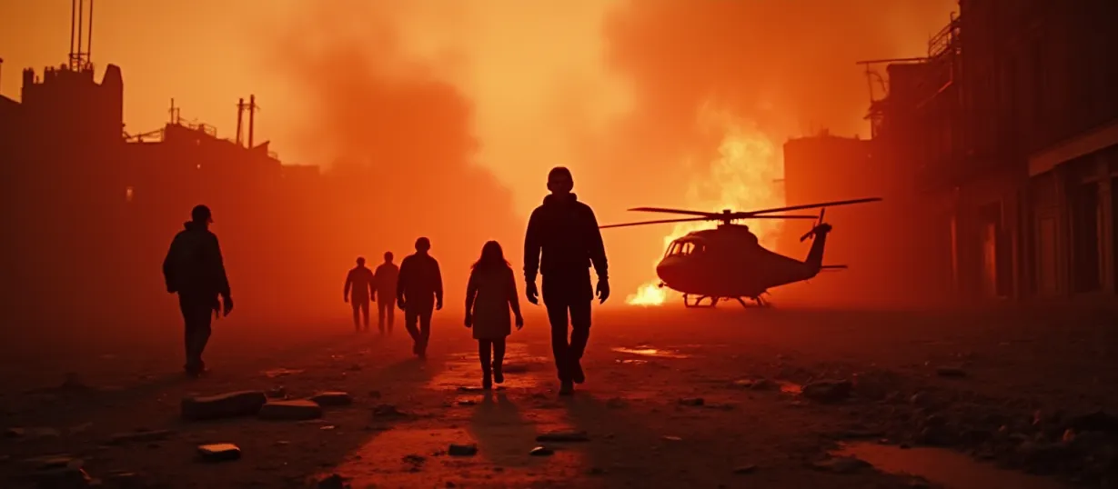 Image A cinematic, wide-angle shot capturing the immediate aftermath of a devastating terrorist attack in Rivemontain town. The scene is bathed in the eerie, flickering light of scattered fires and emergency vehicle strobes, casting long, distorted shadows over a war-torn landscape.  The primary focus is on Kevin, a young, determined Division operative, standing amidst the chaos. He's bruised, bloodied, and visibly shaken, but his eyes hold a flicker of resolve.  Around him, other Division operatives – Kelly, Randy, Ghost, and Wolf – are visible, some providing aid, others taking cover or returning fire in the distance, conveying the ongoing struggle. Debris litters the ground: twisted metal, shattered glass, and the detritus of a civilian town now ravaged by war.  In the background, smoke billows from burning buildings, silhouetting the ruins against a blood-red sky.  A partially destroyed helicopter sits on the edge of the scene, a silent testament to the arrival of the Division forces.  The overall atmosphere is one of intense action, brutal loss, and the desperate fight for survival. The style is photorealistic, with a strong emphasis on dramatic lighting, detailed textures, and conveying a palpable sense of tension and urgency. The image should be evocative of a gritty action thriller, with realistic depictions of both destruction and the resilience of the human spirit. 