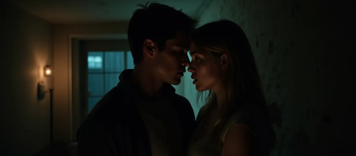 Image A cover image capturing the intense intimacy and simmering tension of a young adult romance. The scene is set in the basement of a modest two-story house, dimly lit by the glow of a single lamp. Rain streaks down the basement window, emphasizing the storm raging outside, and casting shadows across the room. The focus is on Grey and Shiloh, the protagonists. Grey, tall and muscular, leans against a worn, brick wall, his expression a mix of desire and apprehension. He has steely blue eyes and brown hair. Shiloh, petite with strawberry blonde hair and hazel eyes, stands close, her body angled towards him, a defiant yet vulnerable look on her face. She is dressed in casual attire. Their faces are inches apart, lips almost touching, capturing a moment of unspoken longing and rising passion. The air is thick with unspoken words. The composition is intimate, drawing the viewer into the private moment. The lighting is moody and dramatic, with long shadows and highlights that emphasize the physical closeness of the characters. The background hints at a room in disarray, suggesting a youthful, lived-in space. The overall atmosphere should be steamy, capturing the emotional depth and the heat of the forbidden connection. The overall aesthetic should be lh_new_flux_realistic.