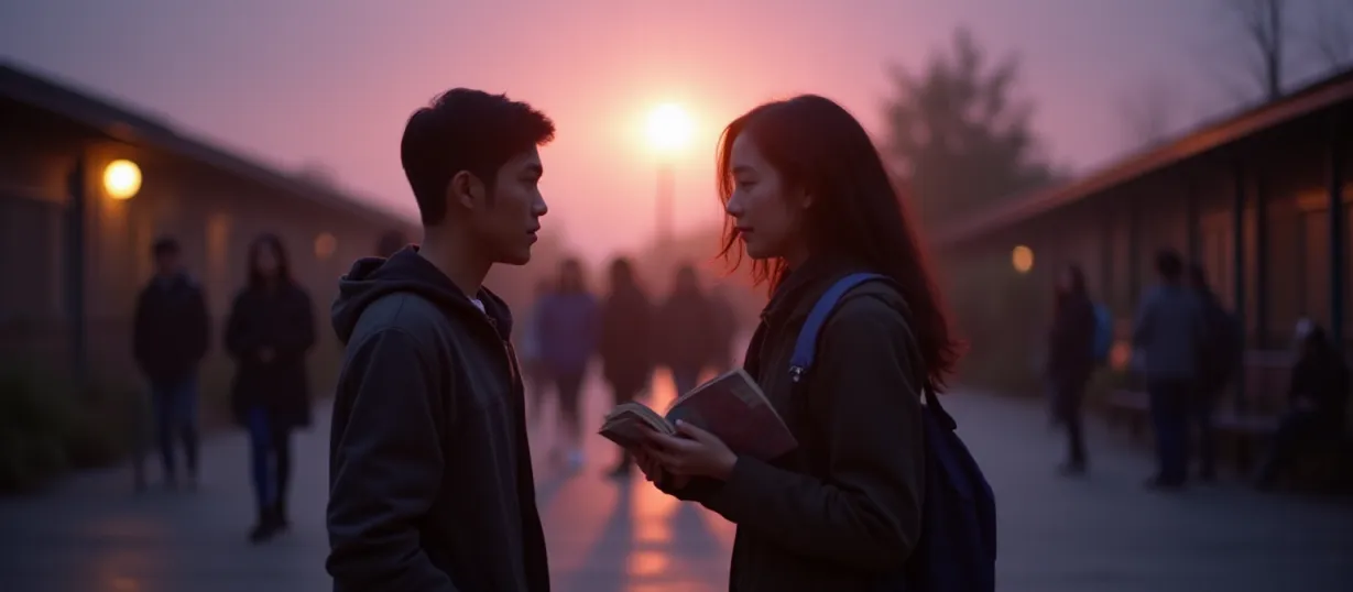 Image Create a cover image for a Young Adult romance novel. The scene depicts Xio and Zeph, best friends since kindergarten, now in their freshman year of high school. The setting is the vibrant, yet slightly melancholic, St. Clair High School courtyard at dusk. The sky is a blend of soft purples, pinks, and lingering golden hues, casting long shadows. Xio, a young Asian female with a thoughtful expression, stands slightly apart, gazing at Zeph, a charming Asian male surrounded by other students, laughing. Zeph's form is slightly blurred, reflecting his popularity, yet his eyes are subtly focused on Xio. She's clutching a worn copy of a favorite book, her knuckles white, symbolizing her hidden feelings and the weight of her secret. The overall mood is bittersweet, hinting at the unspoken emotions and the fear of jeopardizing their friendship. Use dramatic lighting, emphasizing the contrast between the bright laughter of the other students and the quiet introspection of Xio. Focus on realistic textures and details. The style is reminiscent of cinematic photography, evoking a sense of nostalgia and longing. The background should include recognizable high school elements such as lockers, benches, and the school building, blending seamlessly into the twilight. The lighting should add a warm, inviting atmosphere with hints of mystery. --ar 9:16 --style lh_new_flux_realistic