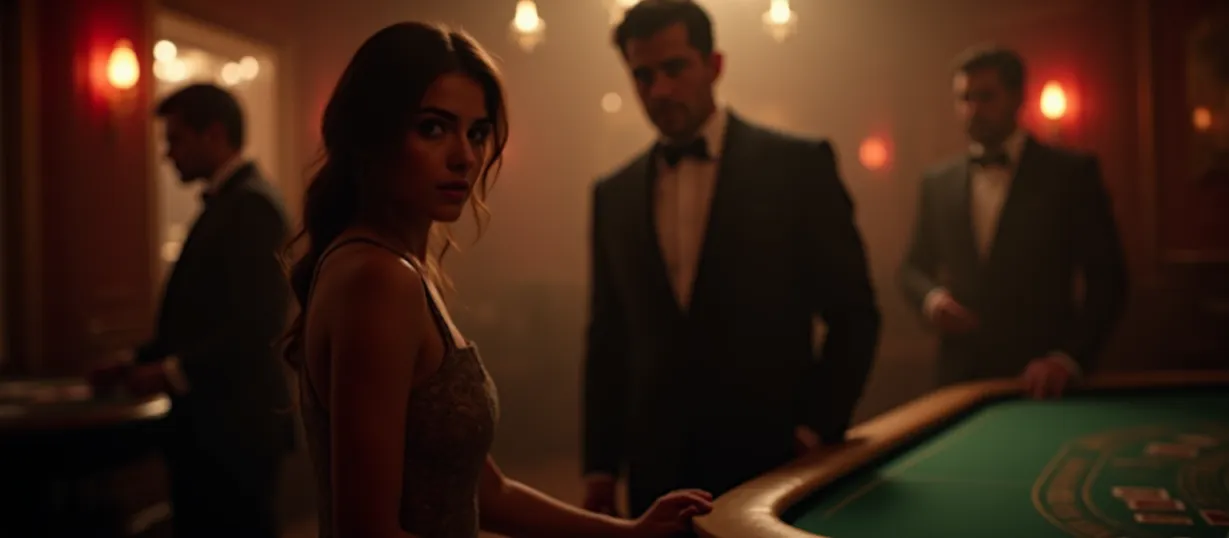Image A captivating cover image for a mafia romance novel. The scene takes place within the opulent, dimly lit interior of a high-end casino. Focus on creating a visual representation of the intense relationship between the protagonists. In the foreground, Abi, a young, determined bartender, is captured mid-motion, perhaps reaching for a bottle or glancing over her shoulder with a hint of intrigue and caution. She is styled in a classic yet slightly edgy outfit, embodying her independent spirit. In the background, partially obscured by shadows and smoke, Aaron, the enigmatic Mafia boss, stands near a high-stakes poker table. His presence exudes power and mystery, with a gaze that suggests both attraction and control. Enzo, Aaron's right-hand man and Abi's guardian, stands near Abi, a watchful protector, his features hinting at danger and loyalty. The composition utilizes strong diagonal lines to draw the viewer's eye through the scene, emphasizing the tension and hidden connections. The lighting should be dramatic, with shafts of light slicing through the haze, highlighting key elements and creating a sense of depth. The color palette is rich and moody, with deep reds, blacks, and golds, evocative of the story's suspenseful and romantic themes. Use a cinematic and photorealistic style (lh_new_flux_realistic), with a focus on detailed textures, and a slightly blurred background to emphasize the protagonists and create a sense of intimacy. The overall atmosphere is one of secrecy, temptation, and the perilous dance between love and power.