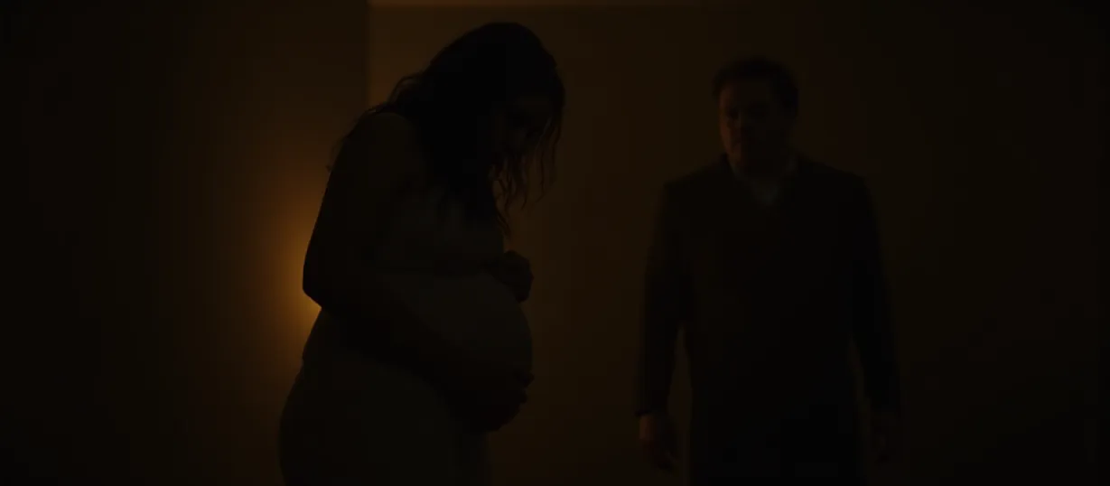 Image A dramatic, photorealistic cover image in the style of lh_new_flux_realistic, focusing on mood and atmosphere. The scene depicts Nana, a young, vulnerable-looking woman, standing in a dimly lit, opulent room, possibly a luxurious apartment or a dimly lit room, hinting at the mafia's influence. She is clutching a baby bump protectively, her face a mixture of fear and tentative hope. In the background, partially obscured by shadows, stands Leon, the imposing mafia boss, his silhouette framed by a warm glow emanating from a fireplace or a hidden light source. He is watching her with an intense, possessive gaze. Soft light should be used to create shadows that convey the secretive and dangerous nature of the situation. The overall feeling is one of suspense and the delicate balance between fear and protection. The color palette leans towards dark, muted tones with pops of warm light to create contrast and emphasize the emotional intensity. Focus on Nana's expression, highlighting her fear yet hinting at a burgeoning affection for Leon. The composition should draw the viewer's eye, hinting at a love story that is anything but traditional. Focus on the detail on the environment, such as the design of the room, the clothes and the people.