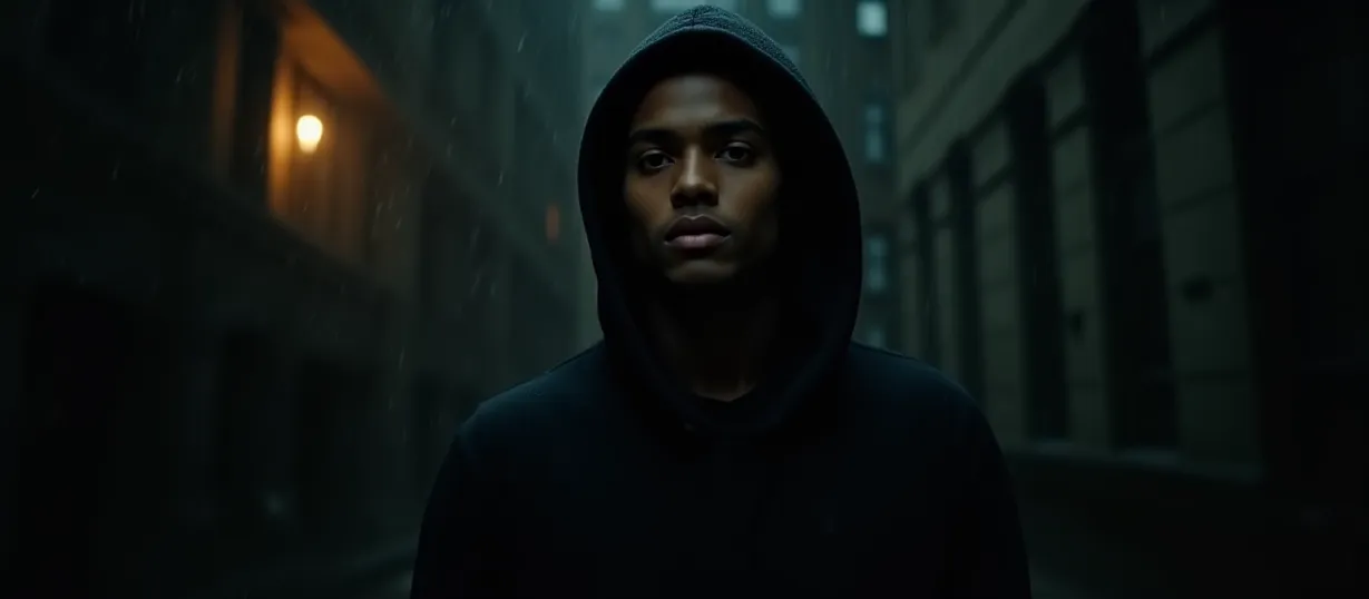 Image A dramatic and moody book cover image. Center focus: A young, mixed-race teenager (Mohamed Abdi, 15, with mulatto skin), stands in the shadows of an old, gothic-style building in Wellsbury, New England. Rain streaks down the windows behind him, reflecting the dim glow of streetlights. He's looking directly at the viewer with a mixture of defiance and vulnerability in his eyes. He wears a slightly oversized, dark hoodie that casts shadows over his face. Beside him, slightly out of focus, stands a younger girl (Luna Abdi, 13, white), huddled against the building, her expression anxious. In the distance, partially obscured by the rain and darkness, a blurred figure of a woman (Julia Abdi) with blond hair, holding a camera, is partially visible, hinting at her distant connection. Soft, warm light spills out from a window, creating a stark contrast against the cool, wet surroundings and emphasizing the secrets held within. The overall atmosphere is one of teenage angst, hidden family drama, and the unspoken tensions of a small town. The color palette is predominantly cool tones with pops of warm light and a sense of gritty realism. The style should be a blend of photo-realism and a touch of artistic flair with a focus on dramatic lighting and visual storytelling.