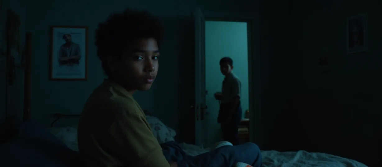 Image A moody and cinematic cover image, set in the dimly lit, cluttered interior of a teenage boy's bedroom. The central figure is Mohamed Abdi, a 15-year-old with a mixed-race appearance (mulatto skin), leaning against a slightly ajar door, a mix of apprehension and defiance in his eyes. The room is a visual representation of his life: a worn-out football is lying on the floor with some expensive sneakers next to it , posters of diverse music artists on the wall, a half-written notebook and scattered textbooks, hinting at the duality of his existence. A single, dim lamp casts long shadows, emphasizing the shadows under his eyes and the intensity in his gaze. In the background, through the slightly open door, glimpses of his father, Abdinur's silhouette are visible, potentially in a heated discussion. The composition is slightly off-center, creating a sense of unease, with an emphasis on cool colors and dramatic lighting to convey the story's themes of family drama, betrayal, and the burdens of a troubled past. The overall mood is one of suspense, reflecting the story's contemporary and suspenseful elements. In the style of lh_new_flux_realistic.